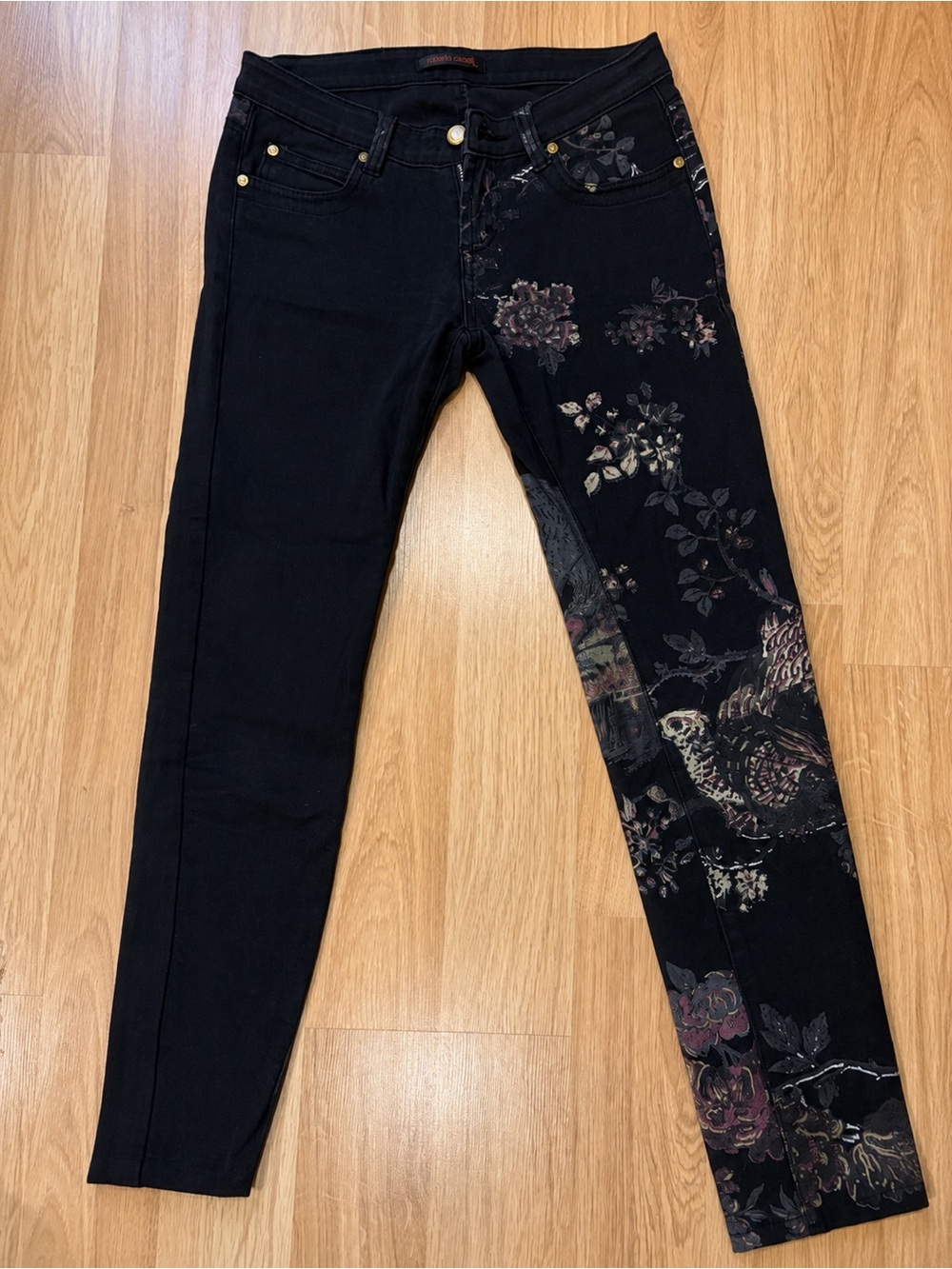 Roberto Cavalli Black Skinny Jeans with Floral Print